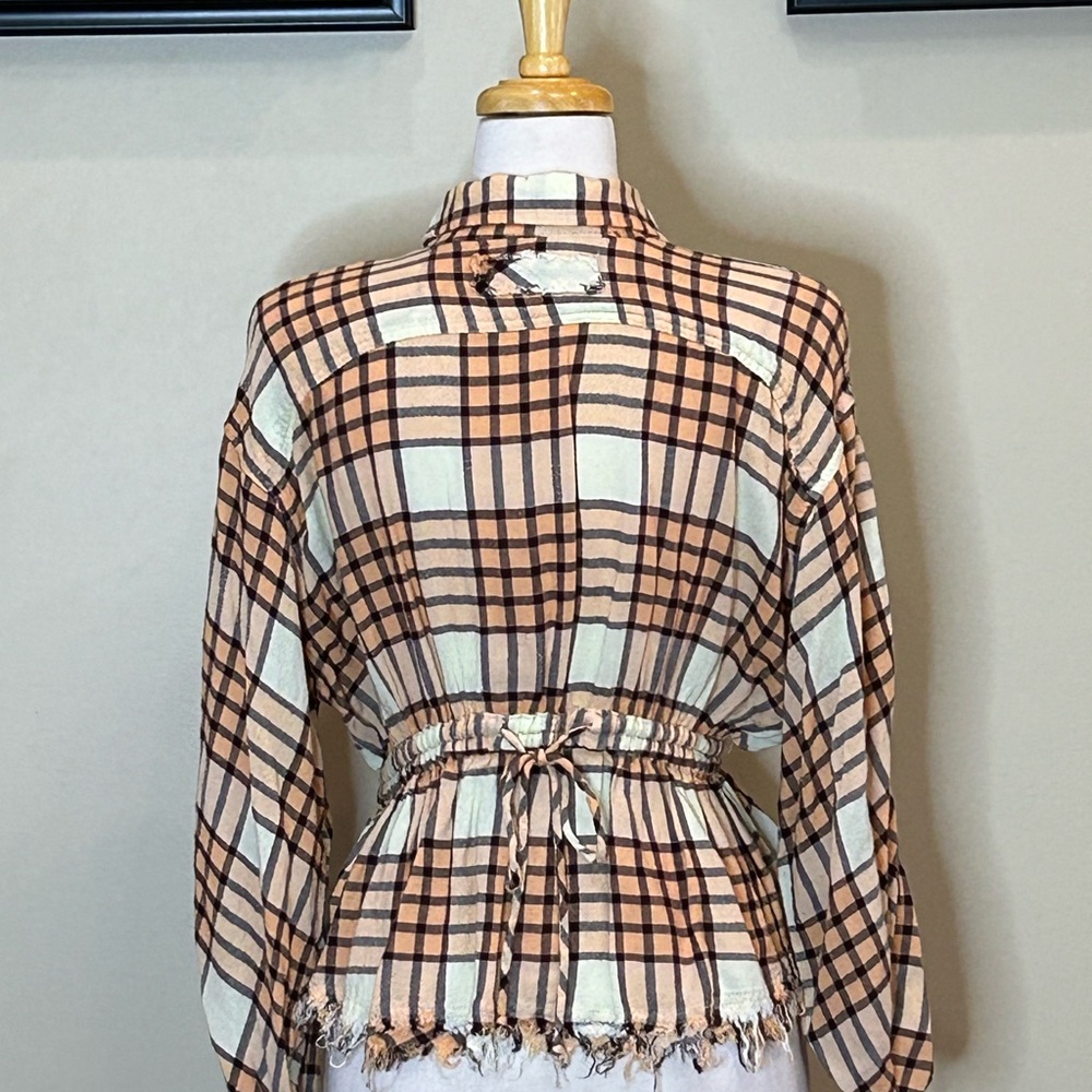 We The Free | Size Small Wool Blend Plaid Distressed Top - Picture 5 of 8